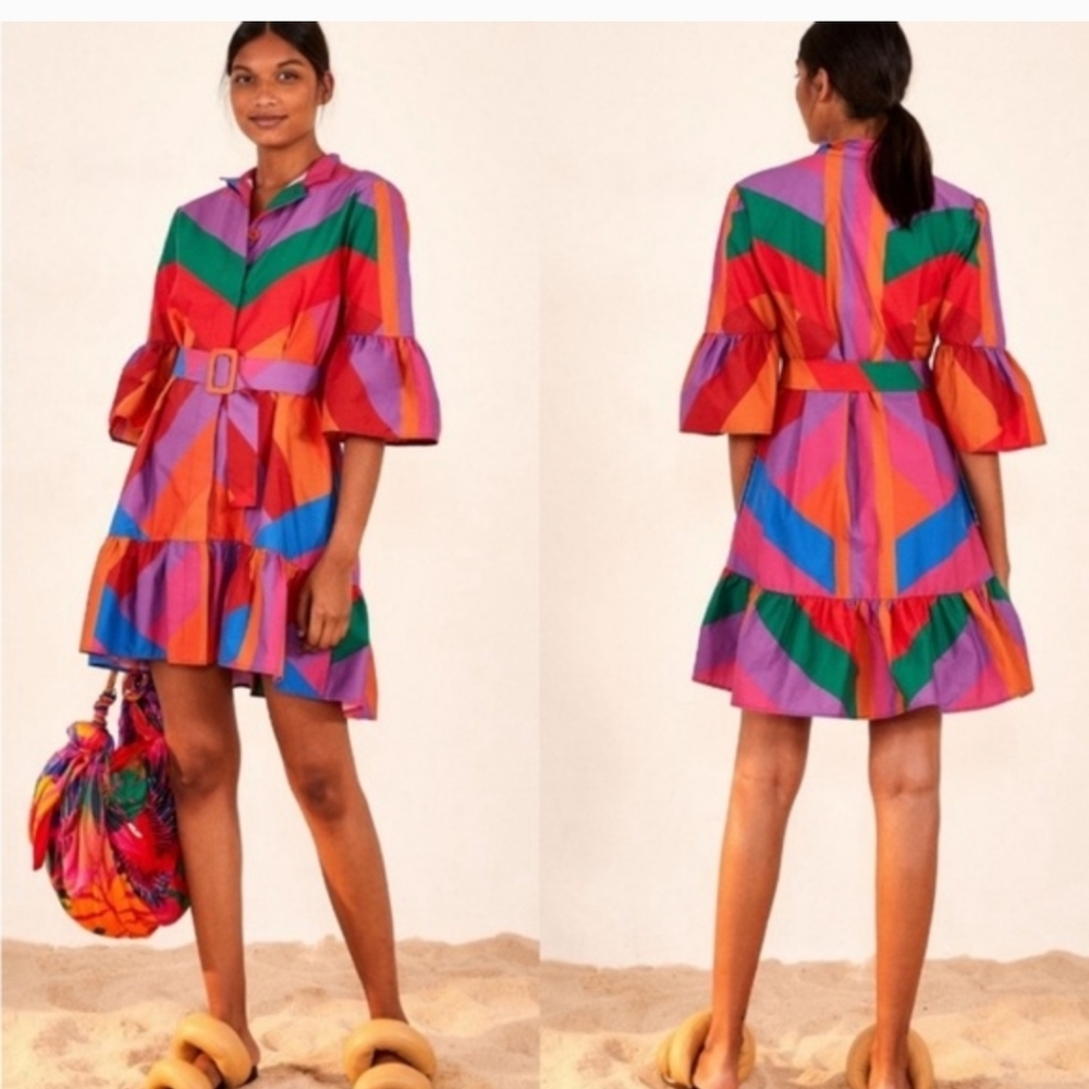 Farm Rio Colorful Striped Amanda Dress with Flared Sleeves